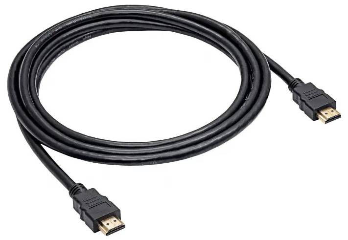Ein schwarzes HDMI-Kabel mit goldenen Anschlüssen, das aufgewickelt zu sehen ist und zum Übertragen von Audio- und Videodaten zwischen Geräten verwendet wird.