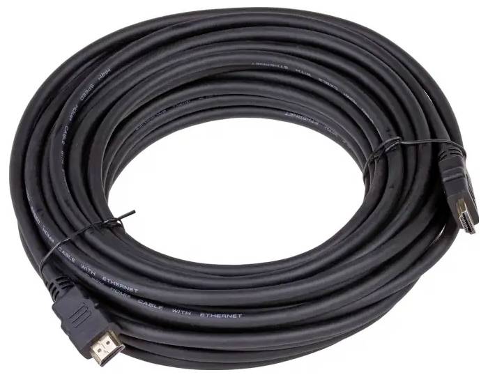 Ein aufgerolltes schwarzes HDMI-Kabel mit Anschlüssen an beiden Enden, verwendet zur Übertragung von hochauflösenden Audio- und Videosignalen zwischen Geräten.