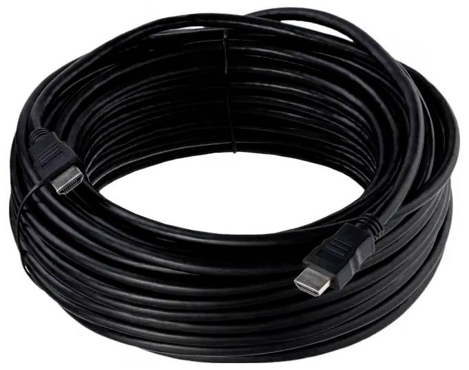 Ein gewickeltes schwarzes HDMI-Kabel mit Anschlüssen an beiden Enden, verwendet zur Übertragung von Video- und Audiosignalen zwischen Geräten.