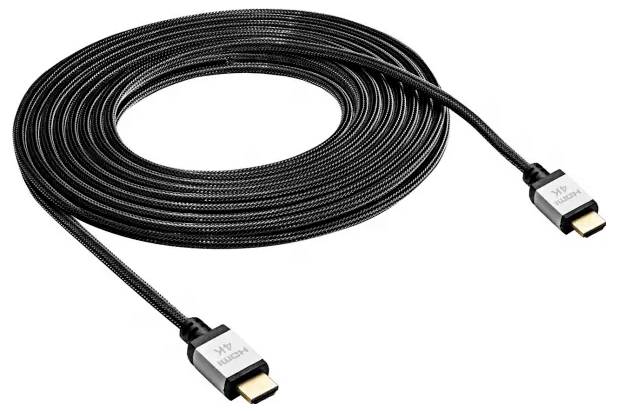 Ein gewickeltes schwarzes HDMI-Kabel mit vergoldeten Anschlüssen, verwendet zur Übertragung von Audio- und Videosignalen zwischen elektronischen Geräten.