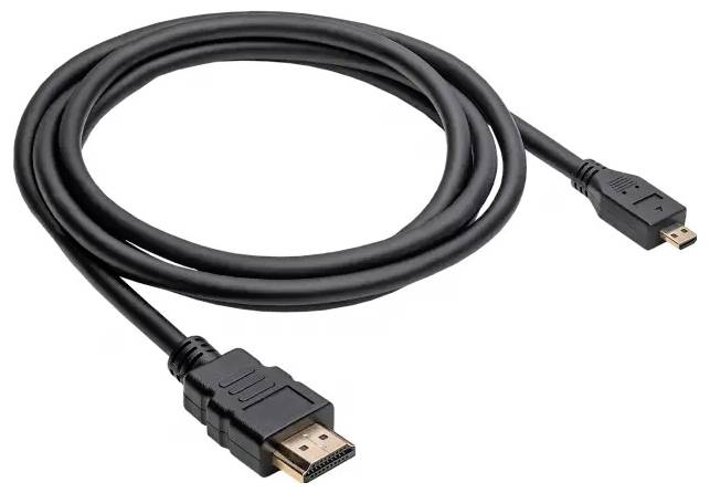 Ein schwarzes HDMI-Kabel mit Standard- und Micro-HDMI-Anschlüssen, auf einem weißen Hintergrund aufgerollt.