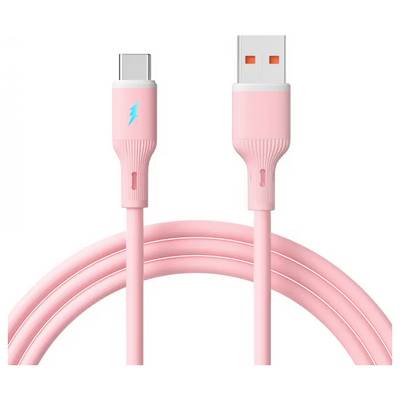 Ein rosa USB-C zu USB-A Kabel mit einem Blitzsymbol auf dem USB-C-Stecker.