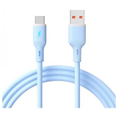 Ein blaues USB-C zu USB-A Ladekabel mit einem Blitzbolzen-Symbol am USB-C-Ende, das die Schnellladefähigkeit anzeigt.