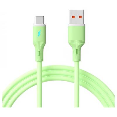 Ein grünes USB-Kabel mit USB-C- und USB-A-Anschlüssen, mit einem Blitzsymbol am USB-C-Ende, vor einem weißen Hintergrund.