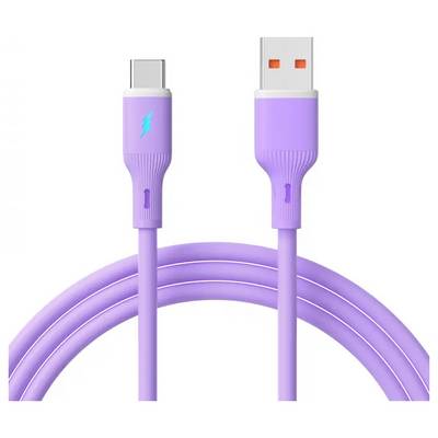 Lila USB-C zu USB-A Kabel, Blitzsymbol auf USB-C-Anschluss, drei Kabelschleifen sichtbar.