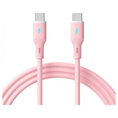 Ein rosa USB-C-Kabel mit Blitzsymbol-Icons auf den Anschlüssen, das die Schnellladefähigkeit anzeigt.