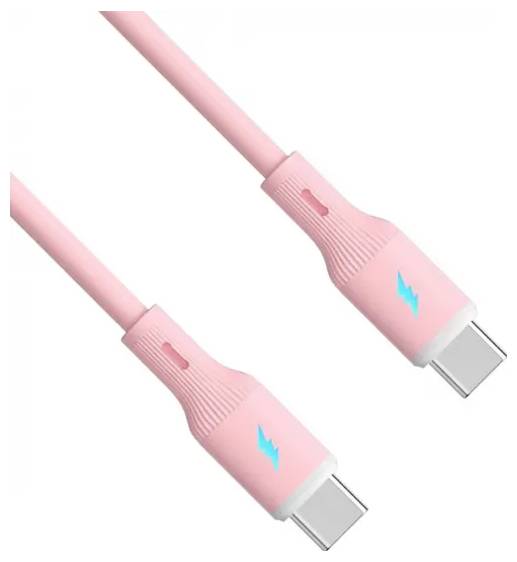 Rosa USB-C-Kabel mit einem blauen Blitzsymbol an beiden Anschlüssen.