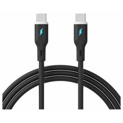 Ein schwarzes USB-C-Kabel mit Blitzsymbolen an beiden Anschlüssen, das die Fähigkeiten zur hochgeschwindigen Datenübertragung anzeigt.