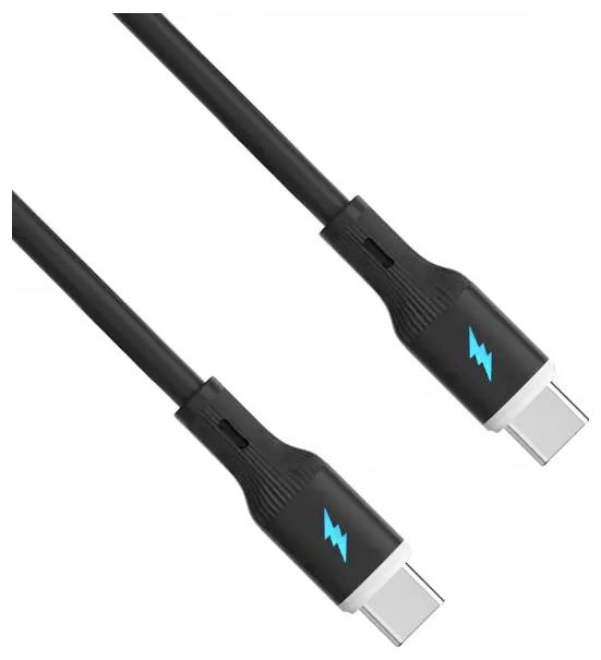 Zwei schwarze USB-C-Kabel mit blauen Blitzsymbolen, die für schnelle Datenübertragung und Laden verwendet werden, vor einem weißen Hintergrund.
