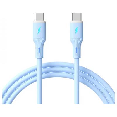 Ein hellblauer USB-C-Kabel mit Blitzsymbolen auf den Anschlüssen, ordentlich aufgewickelt, zum Laden oder Datentransfer verwendet.