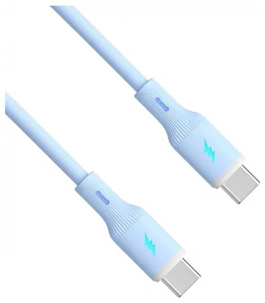 Ein Paar blaue USB-C-Kabel mit Blitzsymolen auf den Anschlüssen, die eine hochgeschwindigkeits Datenübertragungsfähigkeit anzeigen.