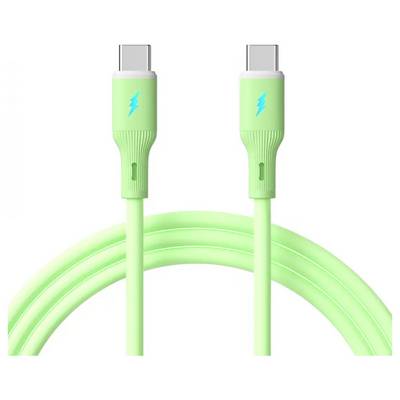 Ein limettgrünes USB-C zu USB-C Kabel mit beleuchteten Blitzsymbolen an beiden Anschlüssen, die eine Schnellladefähigkeit anzeigen.
