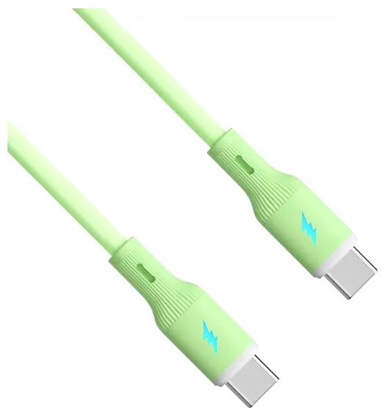 Ein grünes USB-C-Kabel mit einem Blitzsymbol in der Nähe des Anschlusses, das eine schnelle Ladekapazität anzeigt.