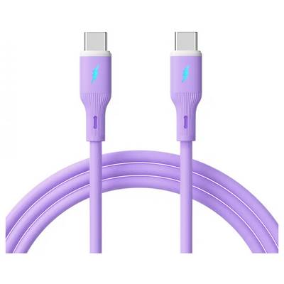 Lavendelfarben USB-C auf USB-C Kabel mit blauen Blitzsymbolen auf den Anschlüssen, die eine schnelle Ladekapazität anzeigen.