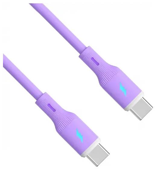 Ein lila USB-C-Kabel mit zwei Anschlüssen, das an jedem Ende ein blaues Blitzbolzen-Symbol trägt, was darauf hinweist, dass es für schnelles Laden entwickelt wurde.