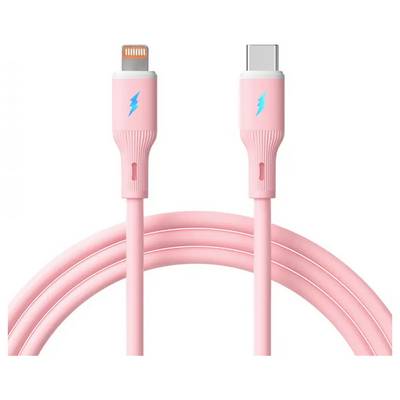 Ein rosa Kabel mit einem USB-C-Anschluss an einem Ende und einem Lightning-Anschluss am anderen Ende, beide mit einem blauen Blitzsymbol versehen.