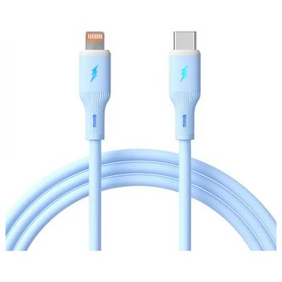 Ein blauer Ladekabel mit einem Lightning-Anschluss auf der einen Seite und einem USB-C-Anschluss auf der anderen Seite, verwendet für Datenübertragung und Laden.