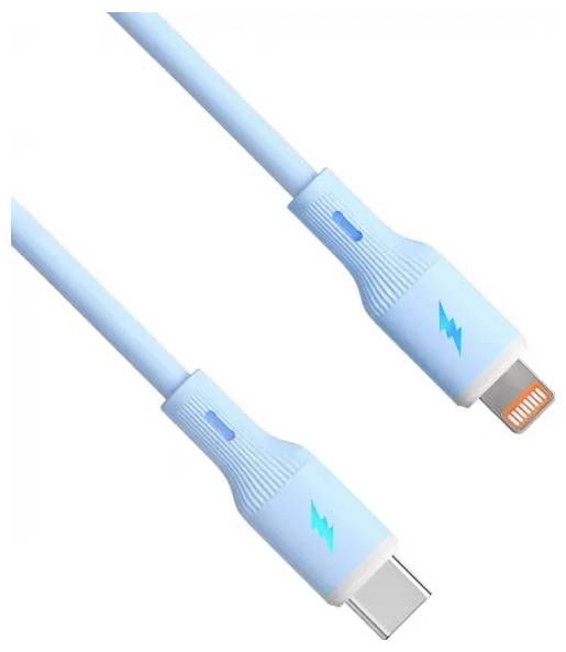 USB-C und Lightning-Kabel mit hellblauen Steckern und einem Blitzsymbol auf jedem.