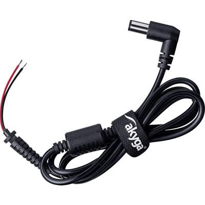 Ein schwarzes Netzkabel mit einem L-förmigen Stecker an einem Ende und freigelegten roten und schwarzen Leitungen am anderen Ende, mit einem Markenbinder aufgerollt.