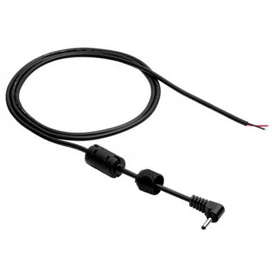 Ein schwarzes koaxiales Netzkabel mit einem Winkelstecker und zwei freiliegenden Drähten am gegenüberliegenden Ende.