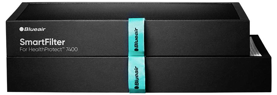 Eine schwarze Box für einen "Blueair SmartFilter für HealthProtect 7400", mit Petrol-Branding.