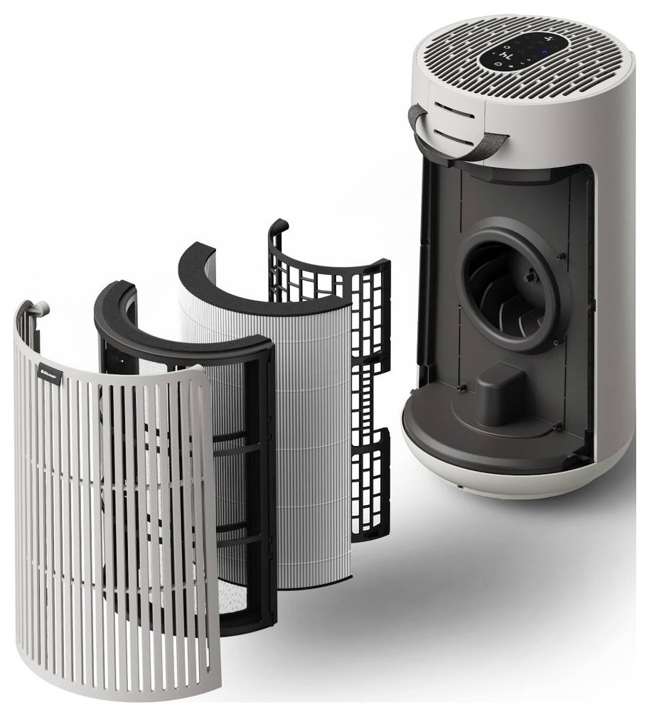 Luftreiniger mit kreisförmigem Gehäuse, der zusammen mit seinen Komponenten wie einem Ventilator und mehreren geschichteten Filtern dargestellt wird, wobei die Montage demonstriert wird.