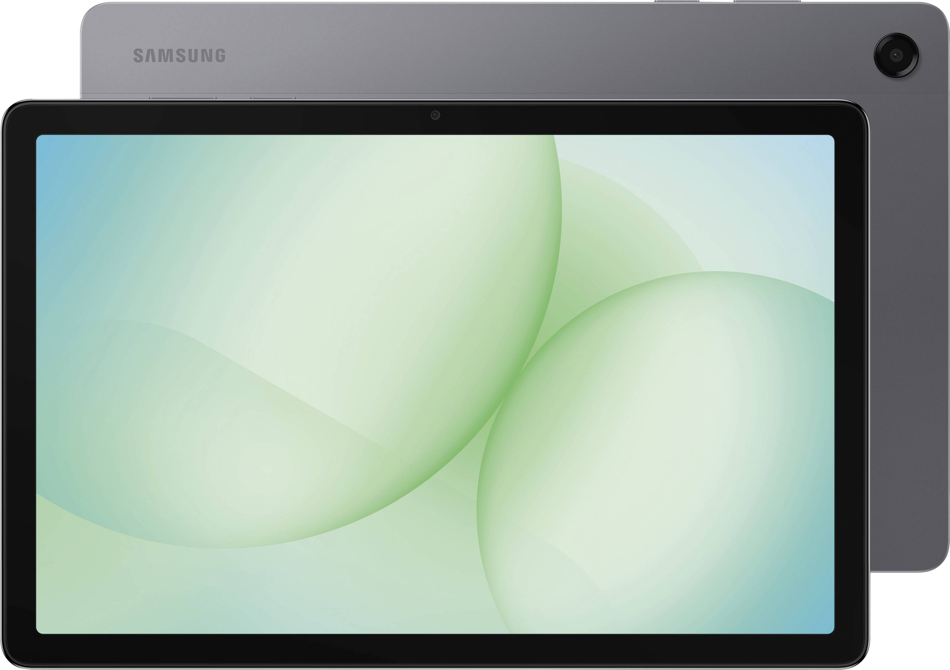 Ein schlankes Tablet mit schwarzer Vorderseite und grauer Rückseite, auf der das Samsung-Logo zu sehen ist. Der Bildschirm zeigt ein weiches, abstraktes grünes Design.