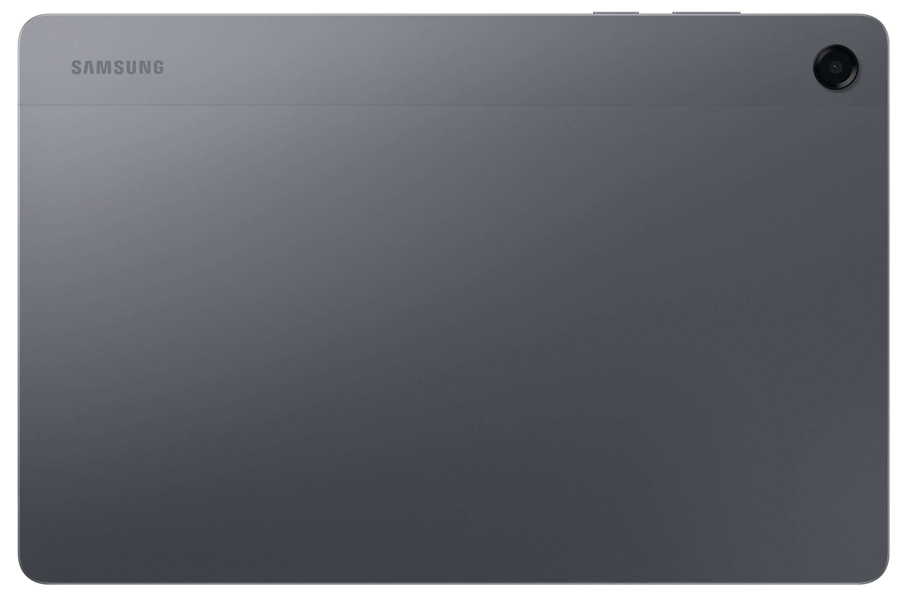 Eine schlanke, graue Samsung-Tablette wird von hinten gezeigt, mit einem minimalistischen Design und einer einzelnen Kamera in der oberen rechten Ecke.