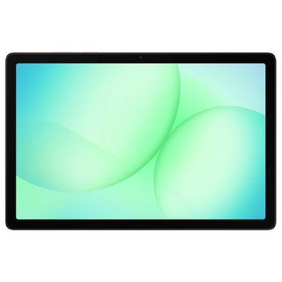 Ein Tablet mit einem schlanken schwarzen Rahmen und einer hellen, abstrakten Tapete in Petrol- und Grüntönen.