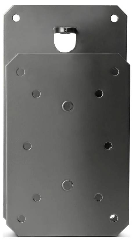 Ein Stahlhalter zum Wandaufhängen mit mehreren Schraubenlöchern, geeignet zum Tragen schwerer Gegenstände wie Fernseher oder Regale.