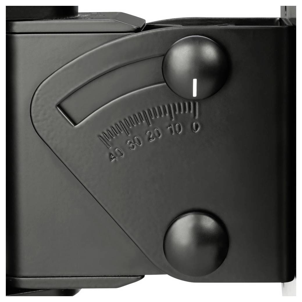 Eine Nahaufnahme eines verstellbaren Mechanismus mit schwarzer Oberfläche, der eine geschwungene Skala von 0 bis 40 mit zwei schwarzen Drehknöpfen zur Einstellung aufweist.