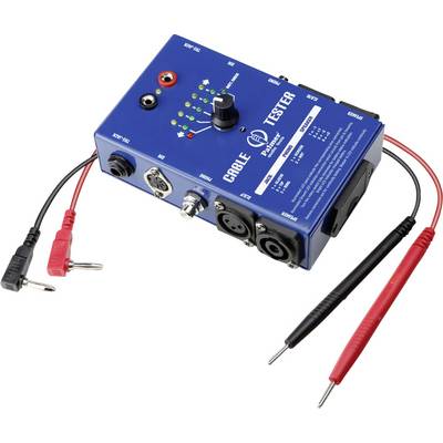 Kabeltester-Gerät mit mehreren Eingangsbuchsen, Bedienelementen und Anzeigelampen. Verbindet sich über rote und schwarze Prüfsonden zum Testen verschiedener Kabel.