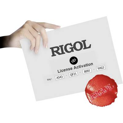 Eine Hand hält ein Papier mit der Aufschrift 'RIGOL Lizenzaktivierung' und einem Schlüsselcode 'A543 - QF21 - B09J - YHGJ'. Ein roter Stempel zeigt 'RIGOL'.
