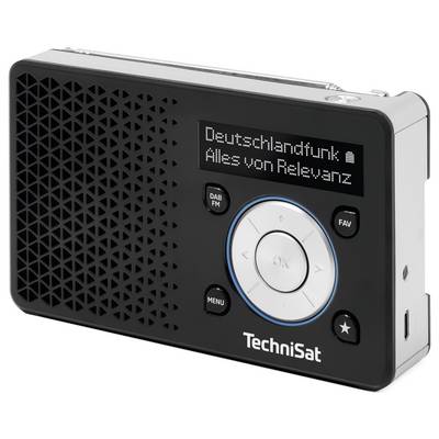 Ein tragbares Digitalradio mit Lautsprechergitter auf der linken Seite, das auf seinem Display 'Deutschlandfunk Alles von Relevanz' anzeigt.