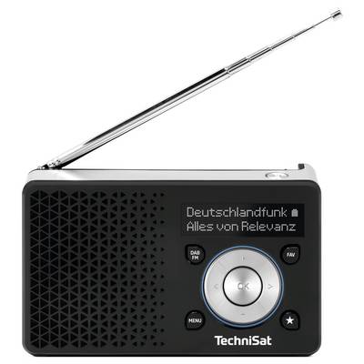 Ein schwarzes tragbares Radio mit einer langen, ausgefahrenen Antenne. Das Display zeigt 'Deutschlandfunk Alles von Relevanz'. Das Radio verfügt über Bedienungstasten.
