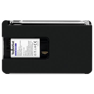 Ein schwarzes Batteriefach mit einem offenen Deckel, der ein rechteckiges Batteriemodell mit der Aufschrift 'TechniSat' und technischen Spezifikationen in kleiner Schrift freilegt.