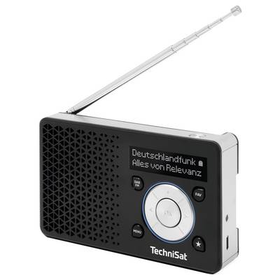 Ein schwarzes tragbares Radio mit ausziehbarer Antenne zeigt auf seinem Display den Text 'Deutschlandfunk - Alles von Relevanz'.