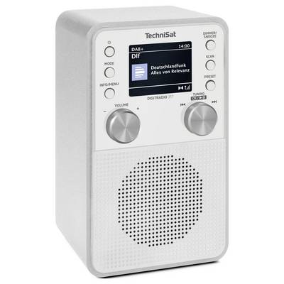 Ein weißes TechniSat Digitalradio zeigt 'Deutschlandfunk' auf dem Bildschirm. Zu den Funktionen gehören Lautstärke- und Abstimmungsknöpfe sowie Voreinstellungsoptionen.