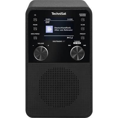 Ein schwarzes digitales Radio mit einem Display, das 'Dlf' zeigt, mit Bedienelementen für Lautstärke, Sender und Modus. Unterhalb des Displays befindet sich ein Lautsprechergitter.