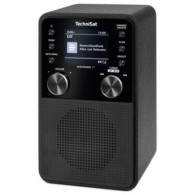 Ein schwarzes digitales Radio mit einem Frontlautsprecher und Display, das 'Deutschlandfunk - Alles von Relevanz' zeigt, mit Modus- und Lautstärkereglern sowie Funktionstasten.