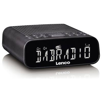 Ein digitales Radiogerät mit Wecker, auf dessen Display 'DABRADIO' angezeigt wird. Das Gerät ist schwarz und kompakt mit Bedienungstasten auf der Oberseite.
