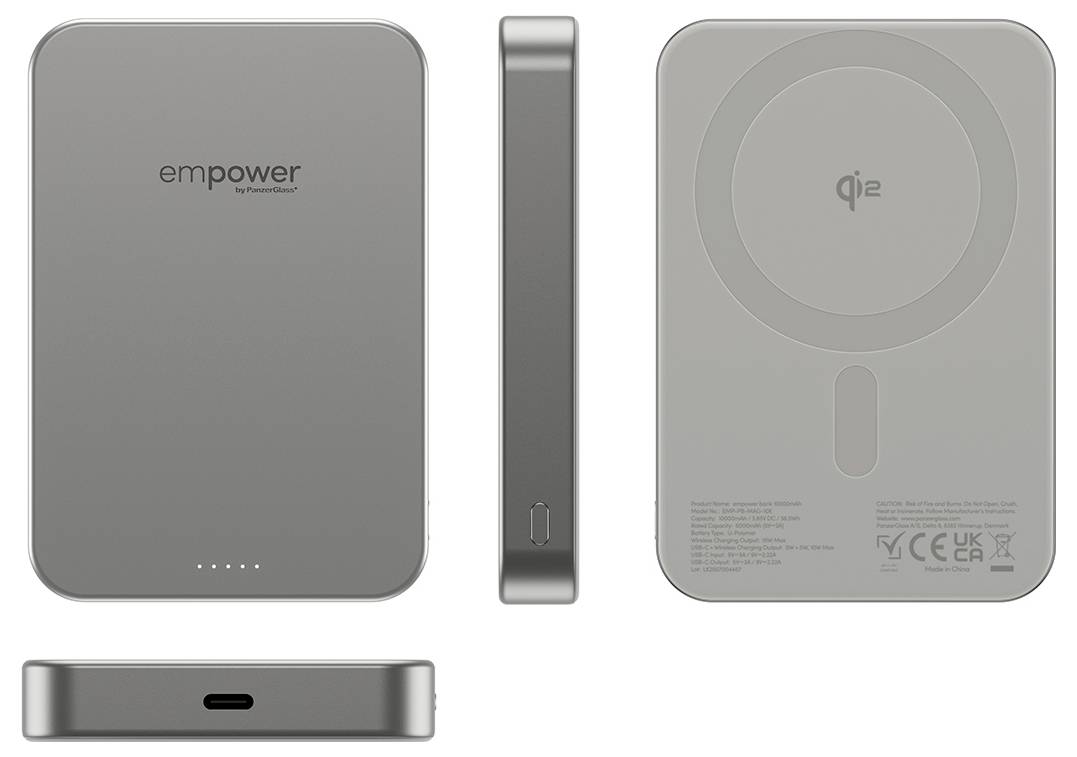 Ein schlanker, rechteckiger Powerbank mit "empower" Branding auf der Vorderseite, USB-C-Anschluss an der Seite und 'Qi'-Symbol auf der Rückseite, das die Fähigkeit zum drahtlosen Laden anzeigt.