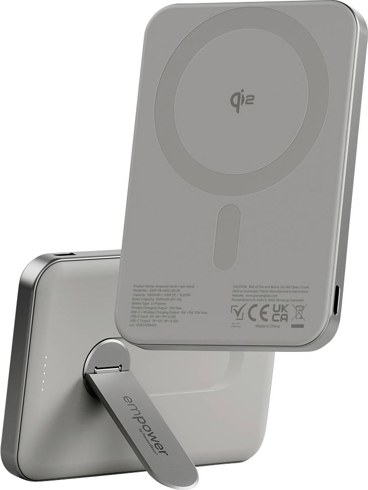 Ein grauer kabelloser Ladegerät mit 'Qi 2' Branding, ausgestattet mit einem Ständer und Gerätkompatibilitätssymbolen, entwickelt für Smartphones.