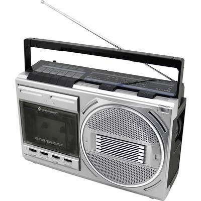 Ein Vintage-Portables Stereo-Boombox mit Kassettenplayer, Radiotuner und Lautsprecher. Die Antenne ist vertikal ausgefahren.