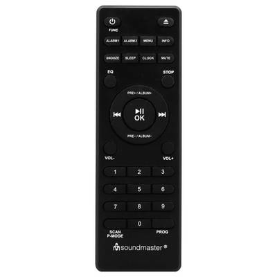 Schwarze Fernbedienung mit Tasten für Ein/Aus, Alarme, Menü, Equalizer, Lautstärke, Abspielen, Stoppen, numerische Tastatur und Soundmaster-Logo am unteren Ende.