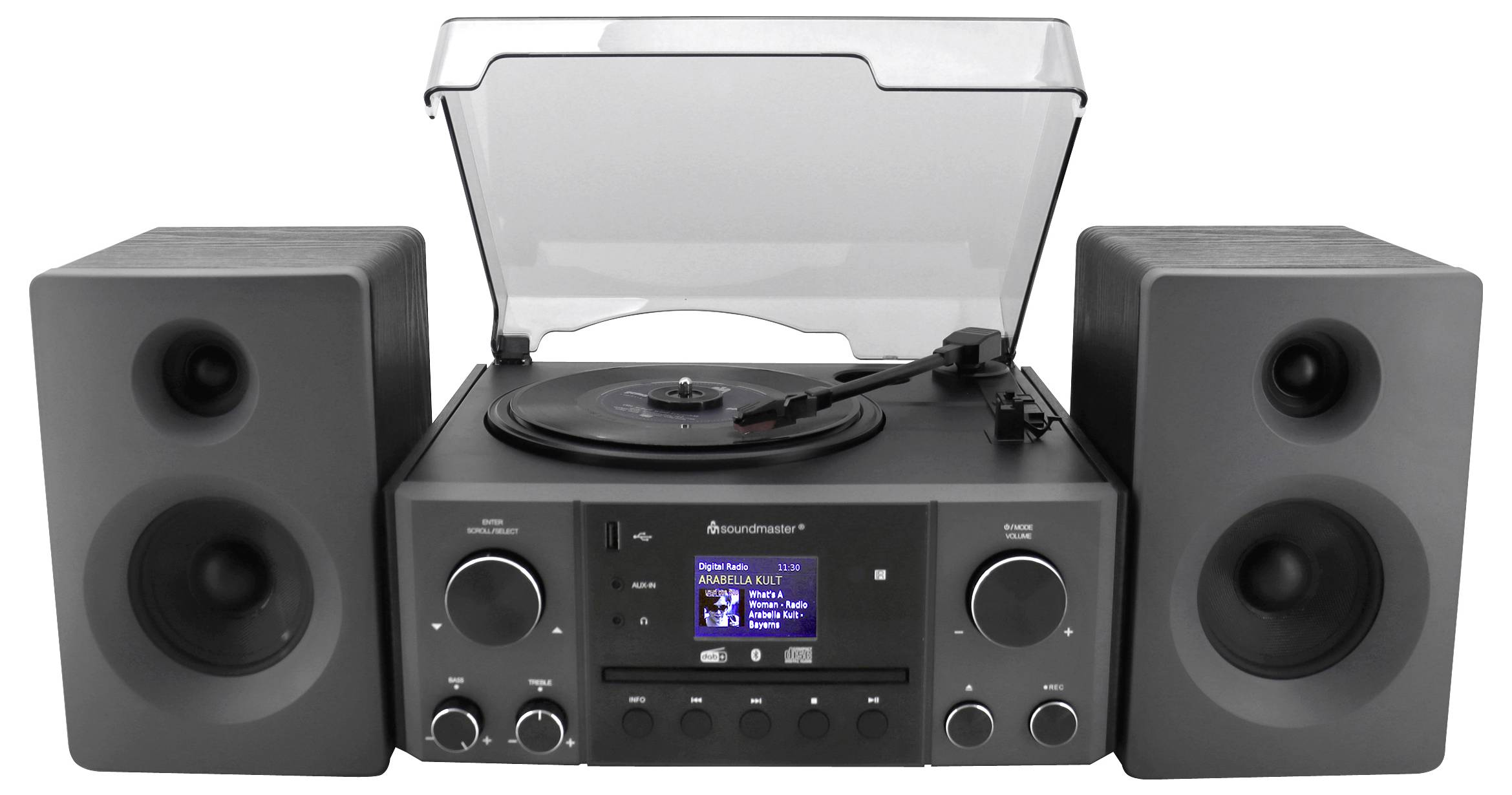 Ein modernes Stereosystem mit zwei Lautsprechern, einer zentralen Einheit mit einem Plattenspieler, auf dem eine Vinyl-Schallplatte abgespielt wird, und einer offenen transparenten Staubschutzhaube.