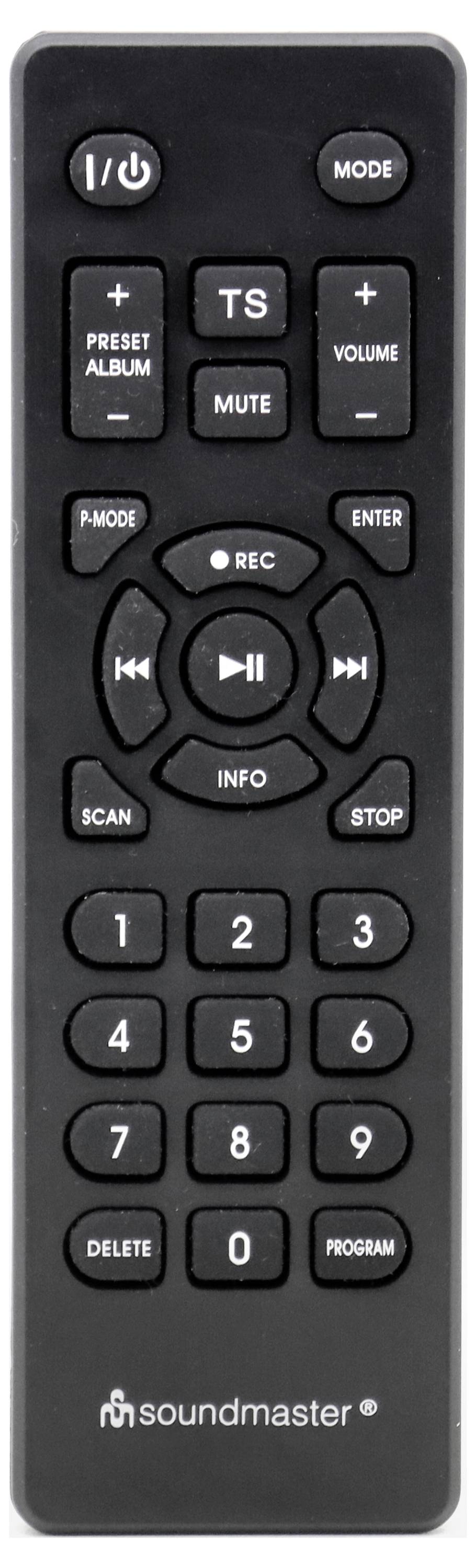Eine schwarze Fernbedienung mit Tasten für Ein/Aus, Modus, Lautstärke, Stummschalten, Wiedergabe, Pause, Scan, Stopp und numerischer Tastatur, mit der Markenbezeichnung "soundmaster".