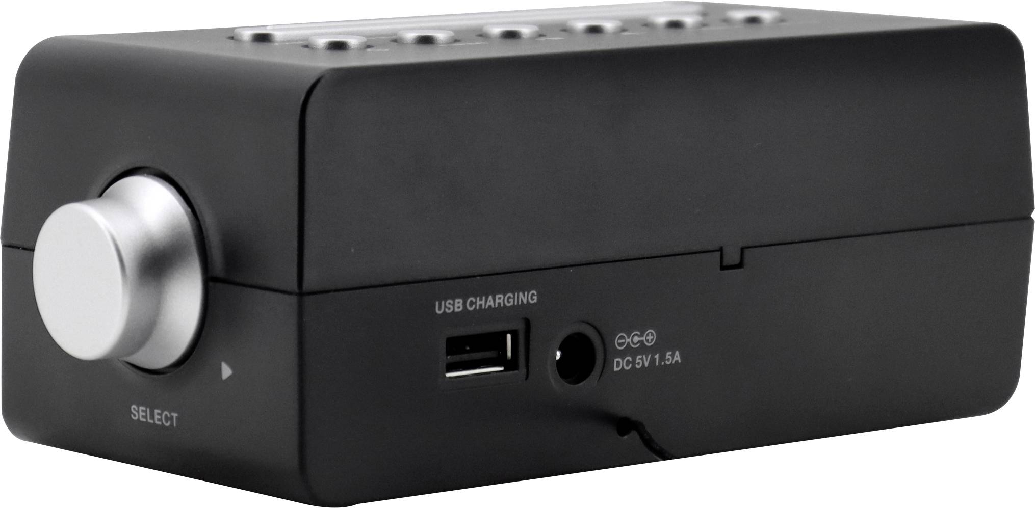 Ein kompaktes schwarzes elektronisches Gerät mit einem Drehknopf und einer "AUSWAHL"-Taste, ausgestattet mit einem USB-Ladeanschluss und Gleichstrom-Eingang an der Seitentafel.