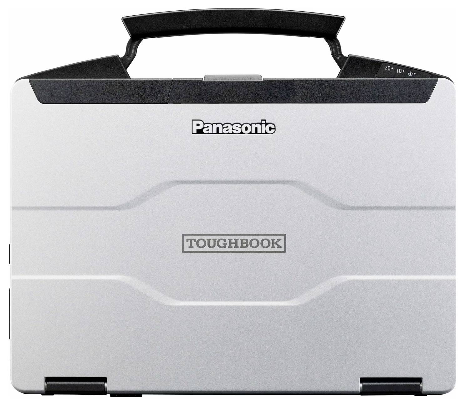 Silbernes Panasonic Toughbook-Laptop, geschlossen und von oben gesehen. Der robuste Aufbau deutet auf Haltbarkeit und Funktionalität hin.