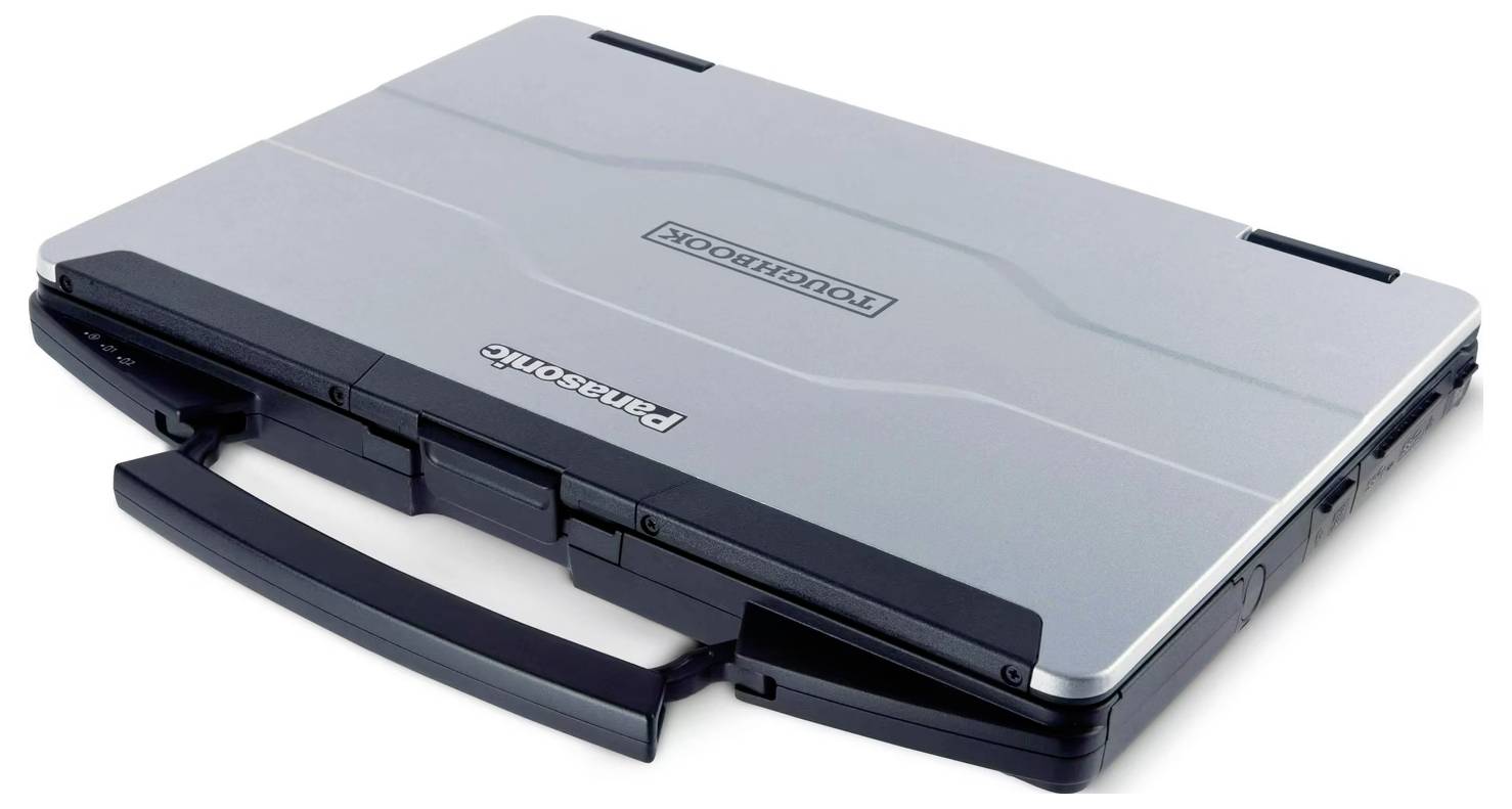 Robuster, geschlossener Laptop, silberfarbene Oberfläche, mit schwarzem Griff. Geeignet für anspruchsvolle Umgebungen.